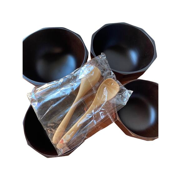 Acacia Wood Footed Rice Soup 4 Bowls Owl And Cat Graphics W/2 Small Spoons - Picture 9 of 12